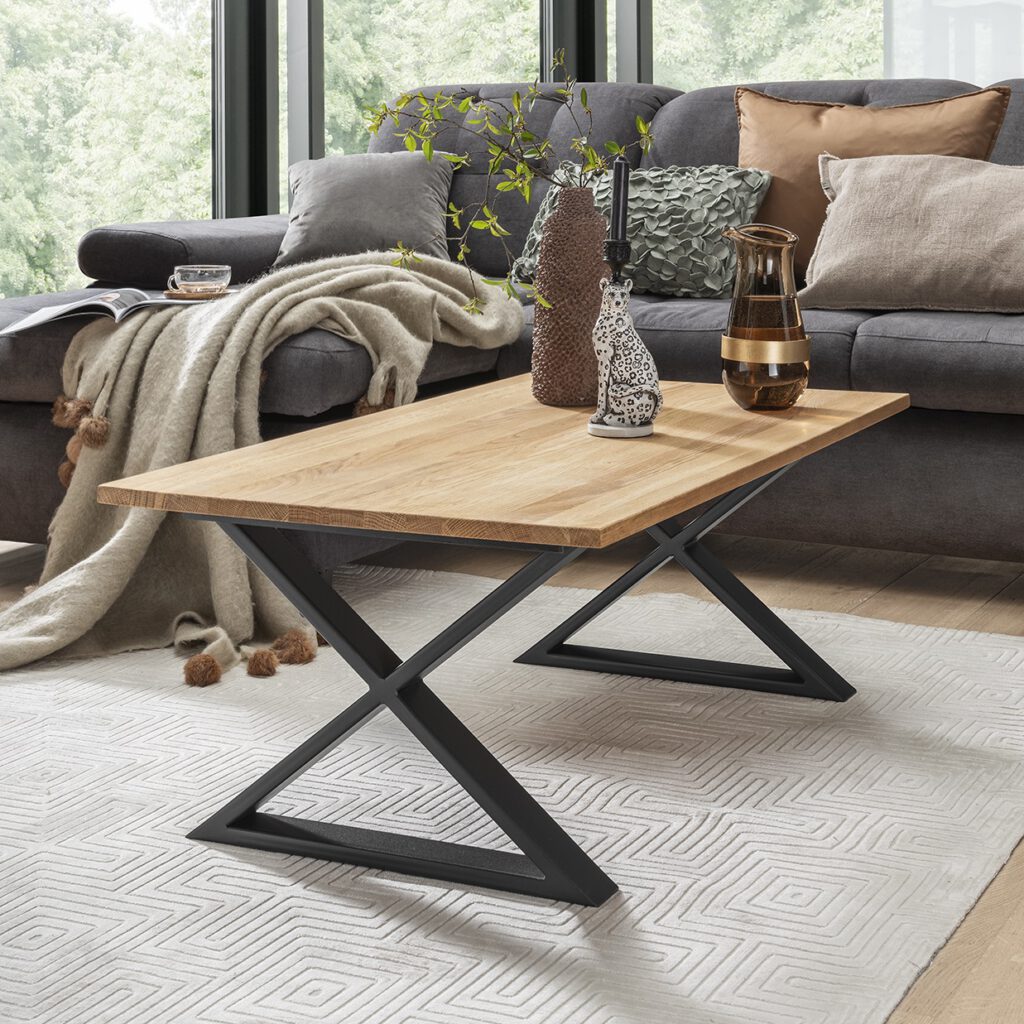 Massivholzmöbel von Wooden Home 4 Couchtisch Albo in Eiche Massiv X-Gestell Wohnzimmertisch